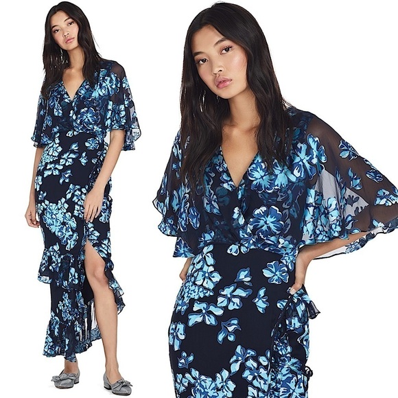 SALONI Silk Floral Burnout Flutter Short Sleeve Ruffle Tier Faux Wrap Dress 8 - Picture 1 of 7